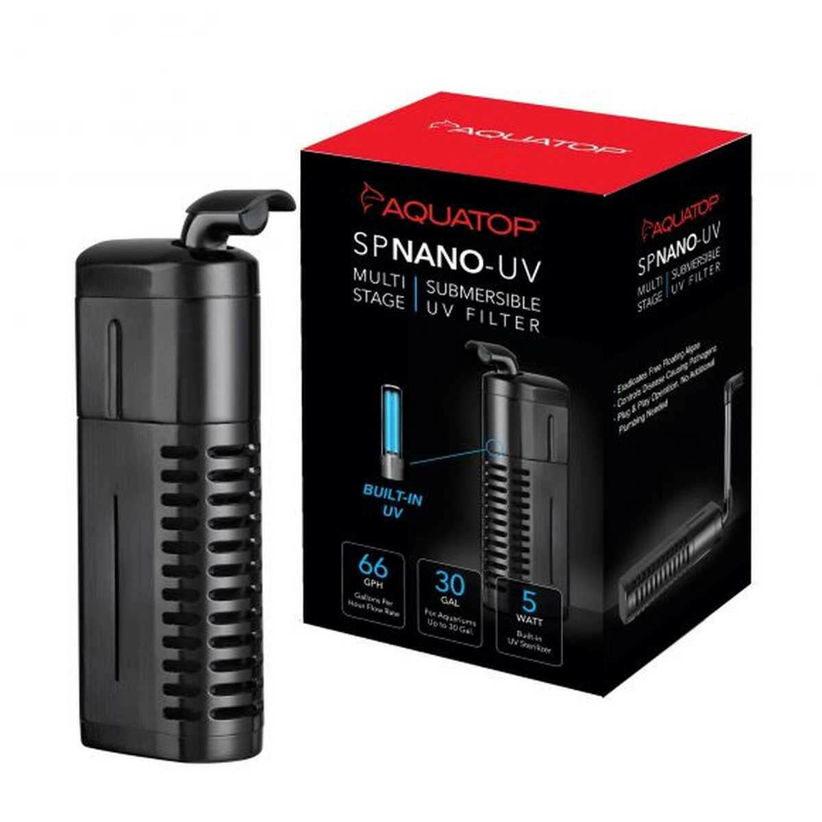 AQUATOP 5W Submersible Nano Filter with UV for 10-30 Gallon Tanks, 66 GPH Flow Rate SPNANO-UV Aquatop