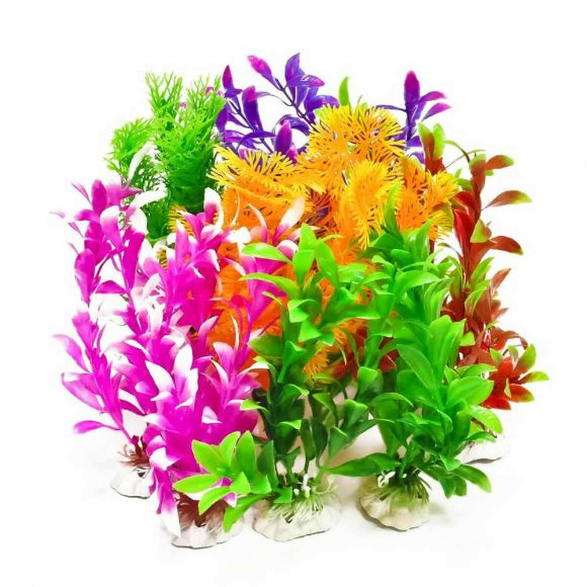 AQUATOP 7" Assorted Colors Plastic Plants 12 Pack with Weighted Bases for Aquariums PD-MULTI12 Aquatop