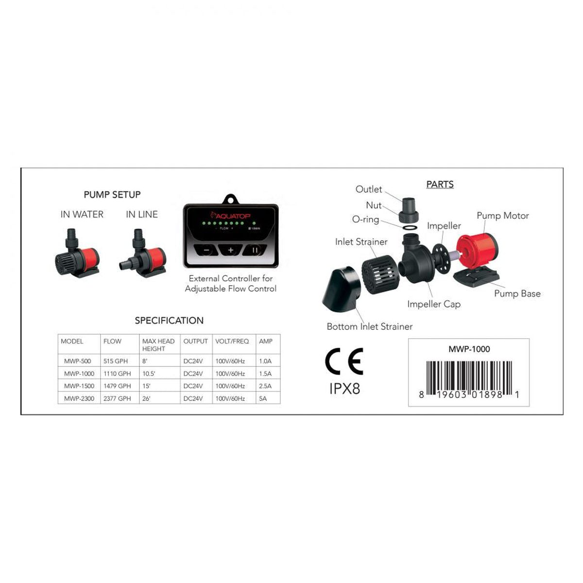 AQUATOP MWP-500 515 GPH MaxFlow DC Water Pump with Controller Aquatop