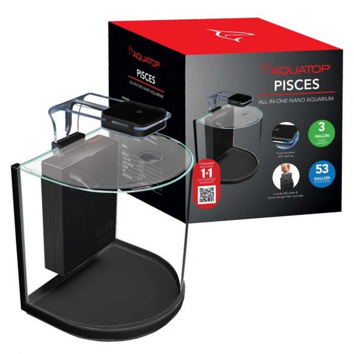 AQUATOP Pisces 3-Gallon Nano Curved Bowfront Aquarium Kit – 53 GPH with Touch LED & Built-in Filter Aquatop