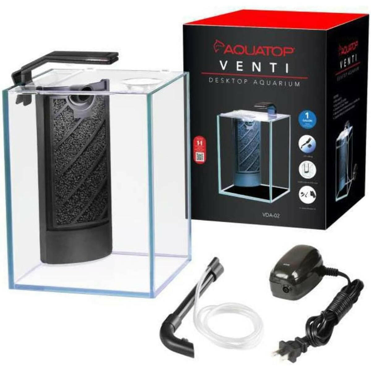 AQUATOP Venti 1-Gallon Glass Aquarium Kit with LED Light, Breza Air Pump & Filter Cartridge VDA-02 Aquatop