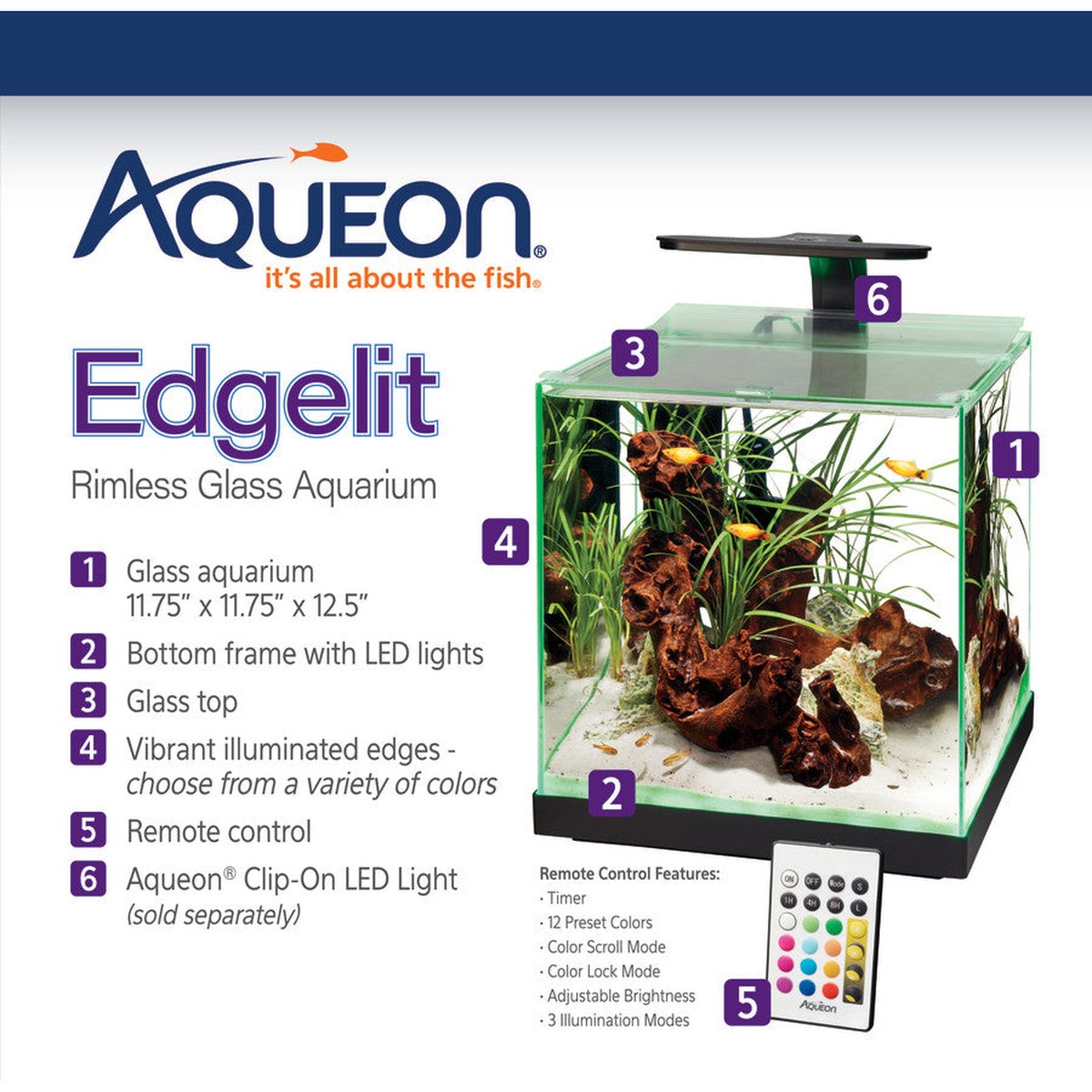 Aqueon Edgelit Rimless Cube Glass Aquariums Aqueon