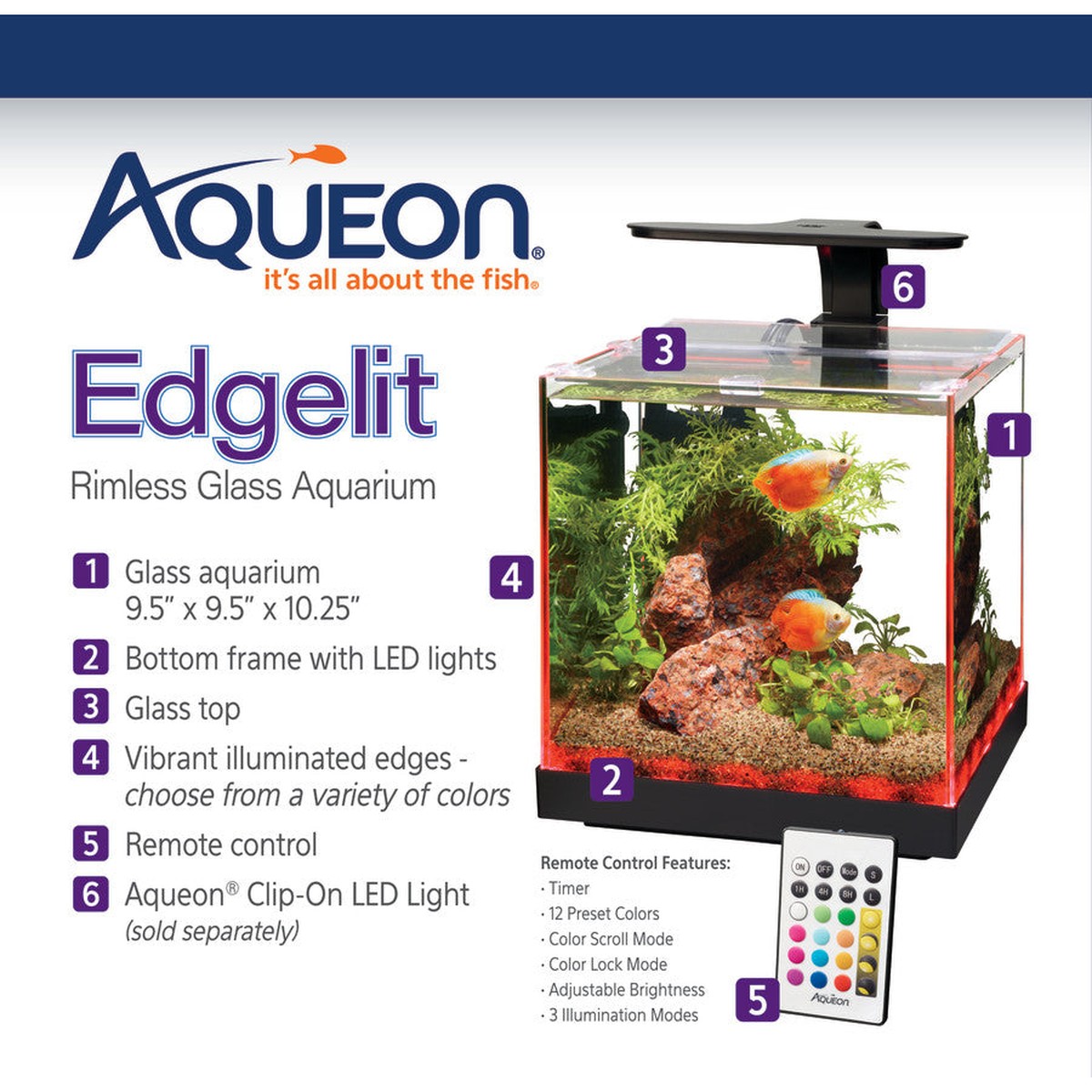 Aqueon Edgelit Rimless Cube Glass Aquariums Aqueon