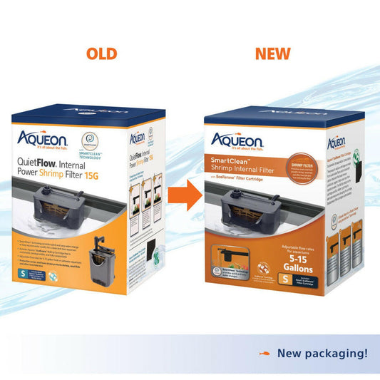 Aqueon® QuietFlow Internal Power Shrimp Filter with SmartClean Technology.