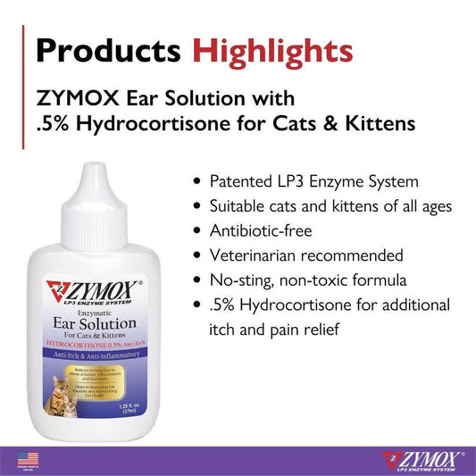 Zymox Enzymatic Ear Solution 0.5% Hydrocortisone for Cats & Kittens.