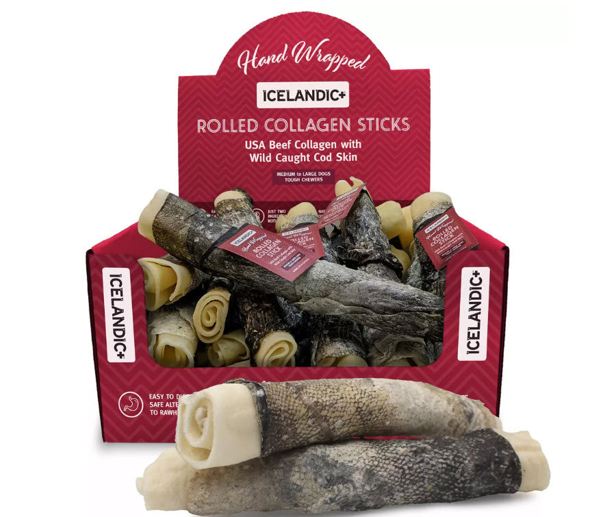 Icelandic+ Beef Rolled Collagen Stick Dog Treat w/Wrapped Fish Display