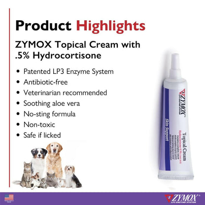Zymox Topical Cream 0.5% Hydrocortisone Tube.
