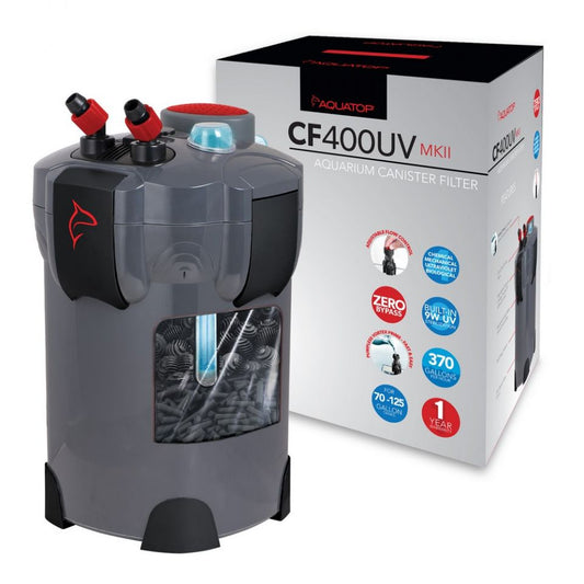 AQUATOP 4-Stage Canister Filter 370 GPH, Vortex Prime For 125-Gal Tanks, Media Included, CF-400MKII Aquatop