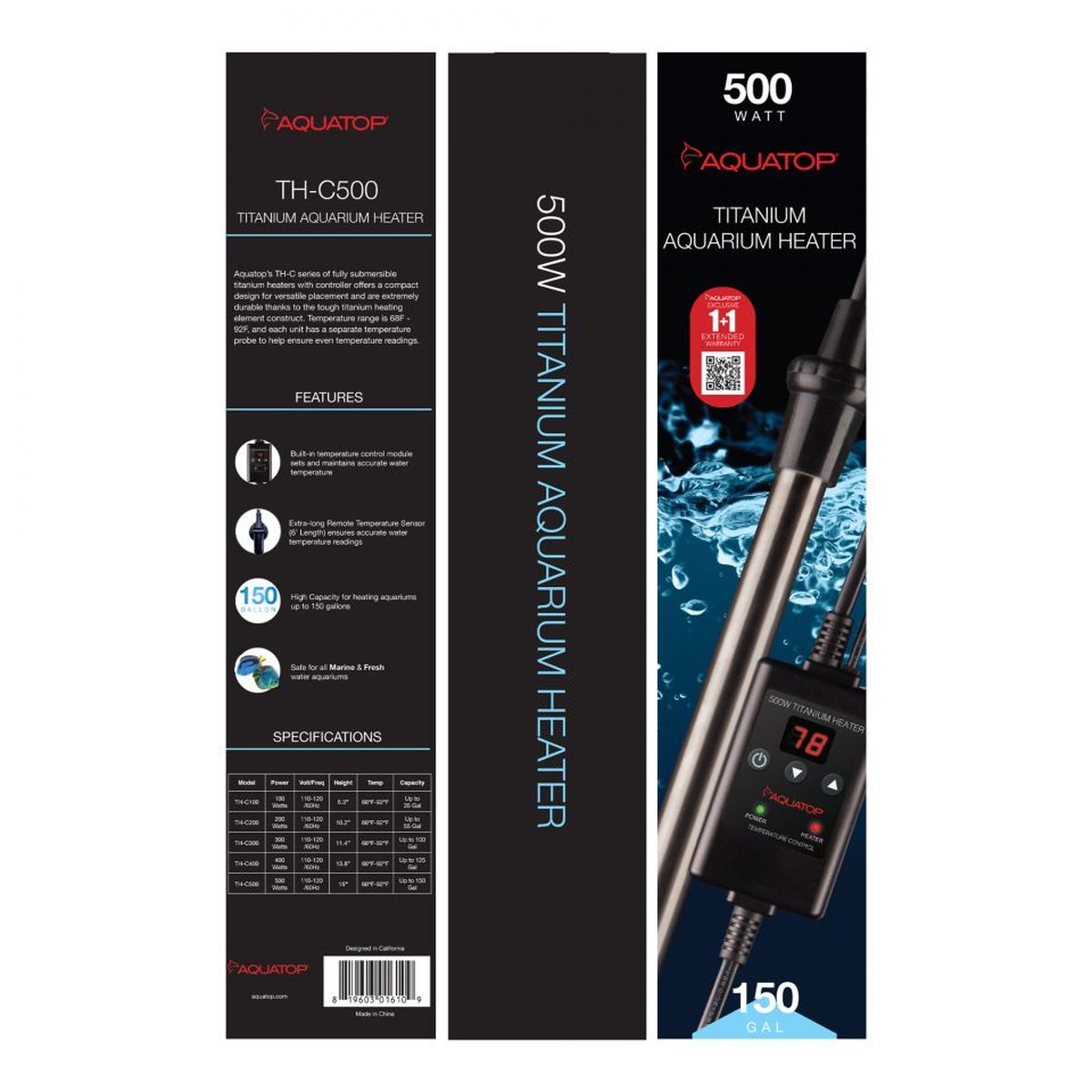 AQUATOP 500W Titanium Heater with Controller for Aquariums up to 150 Gallons TH-C500