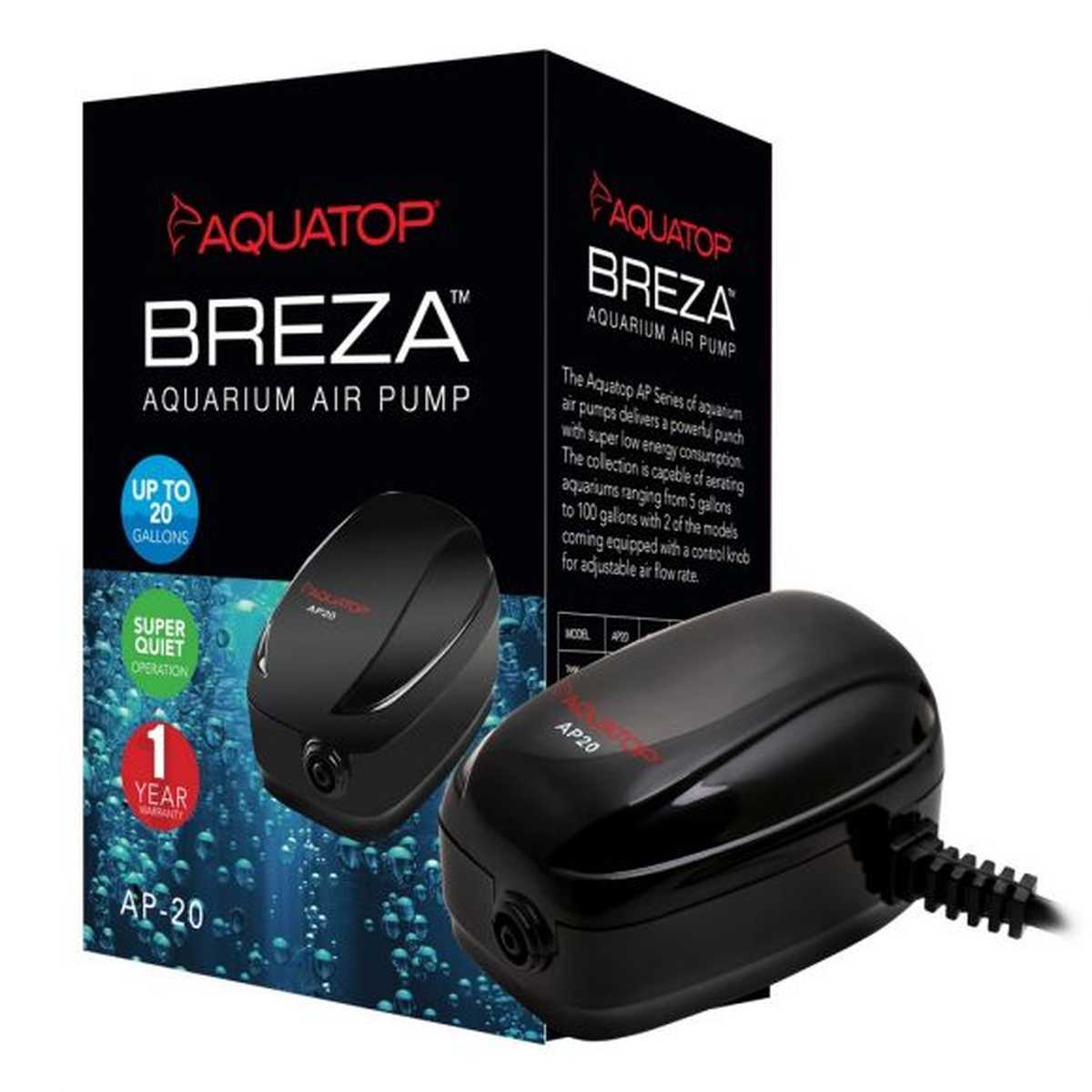 AQUATOP Breza AP-20 Single Outlet Air Pump - Ultra-Quiet, Efficient for Fish Tanks up to 20 Gal