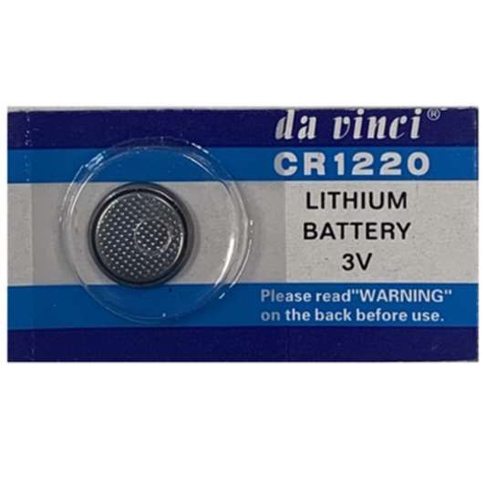 Da Vinci CR1220 lithium battery on a clear card with blue border