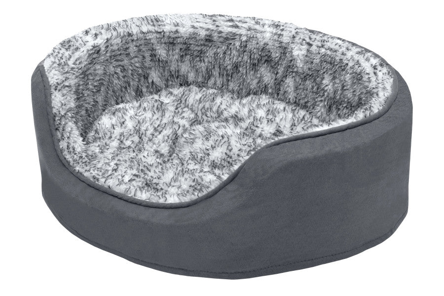 Fur Haven Pet Products Two-Tone Faux Fur & Suede Oval Lounger Pet Bed - Stone Gray - Small.