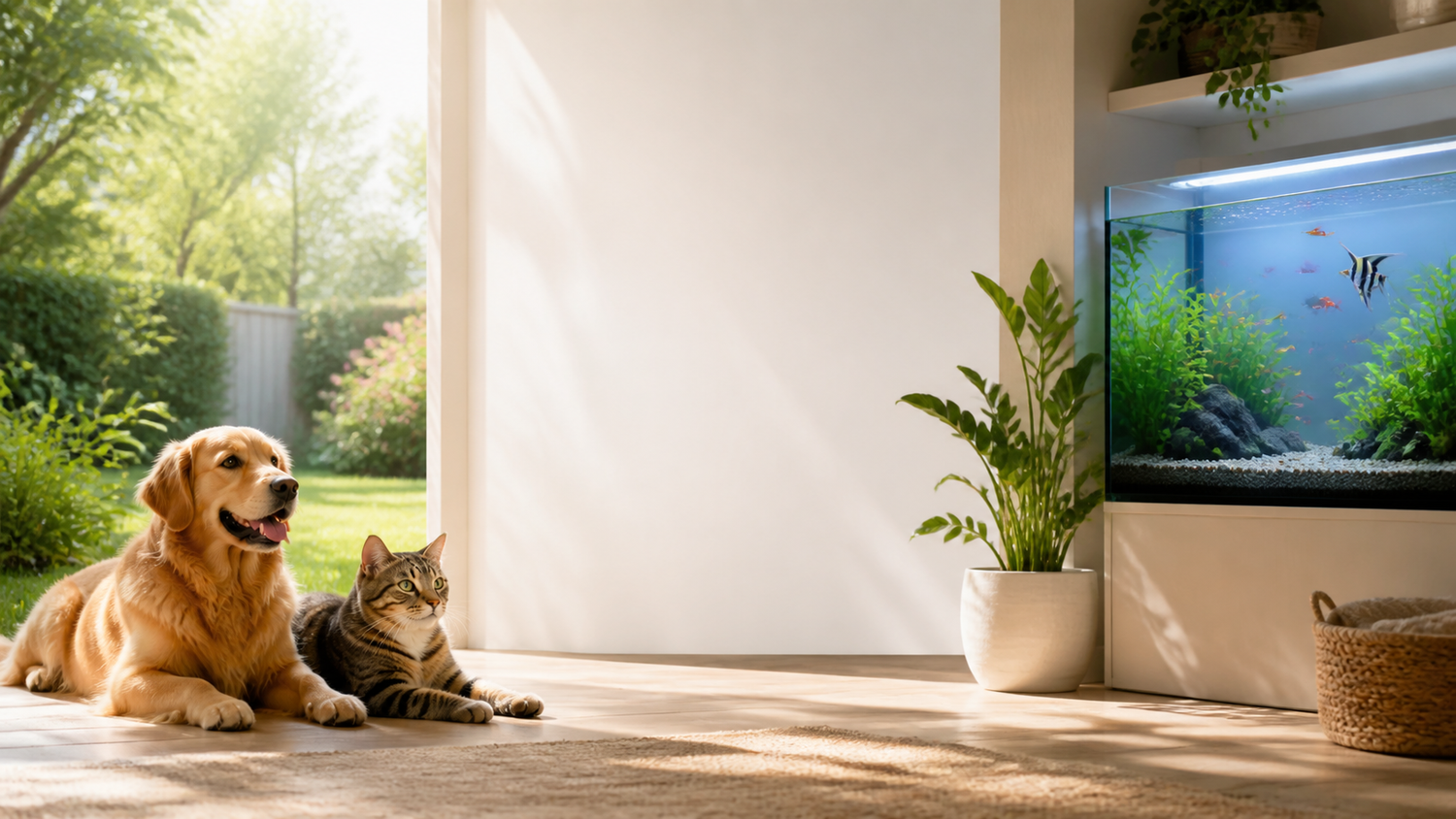Dog and cat beside a bright lawn and planted aquarium