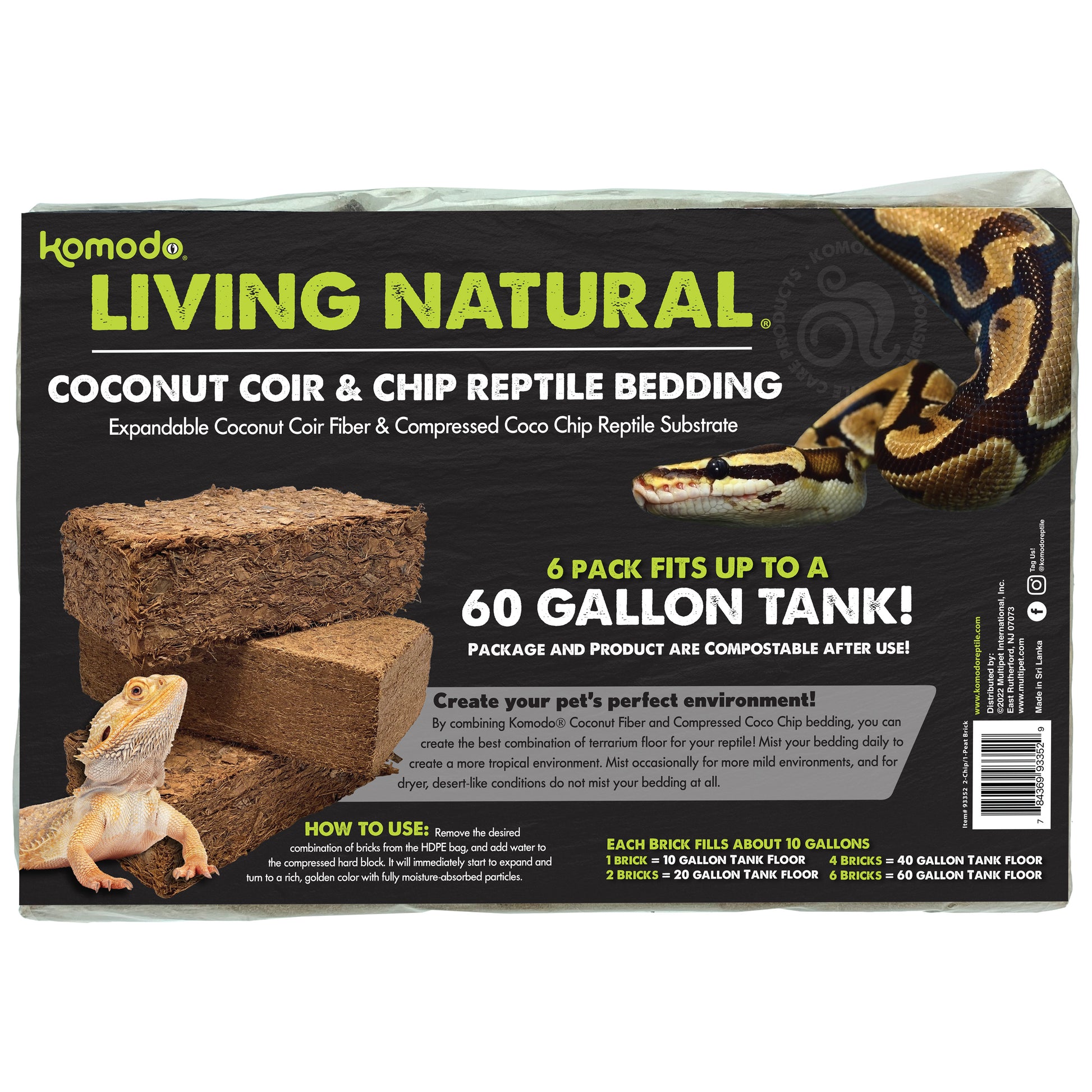 Komodo Living Natural Coconut Coir & Chip Reptile Bedding Brick - 1ea/3 pk