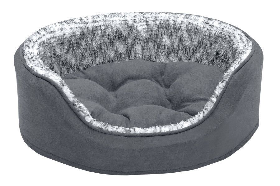 Fur Haven Pet Products Two-Tone Faux Fur & Suede Oval Lounger Pet Bed - Stone Gray - Small.