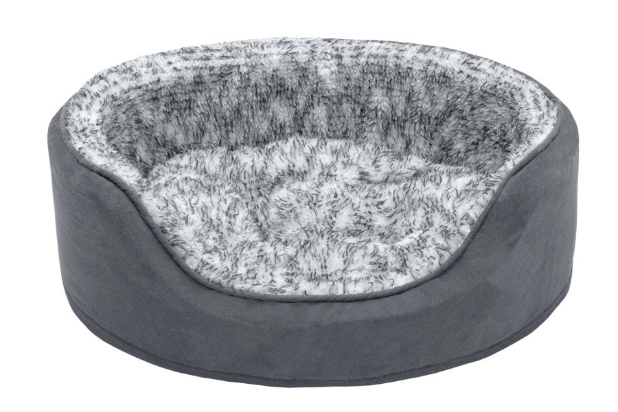 Fur Haven Pet Products Two-Tone Faux Fur & Suede Oval Lounger Pet Bed - Stone Gray - Small.