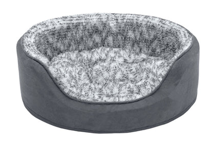 Fur Haven Pet Products Two-Tone Faux Fur & Suede Oval Lounger Pet Bed - Stone Gray - Small.