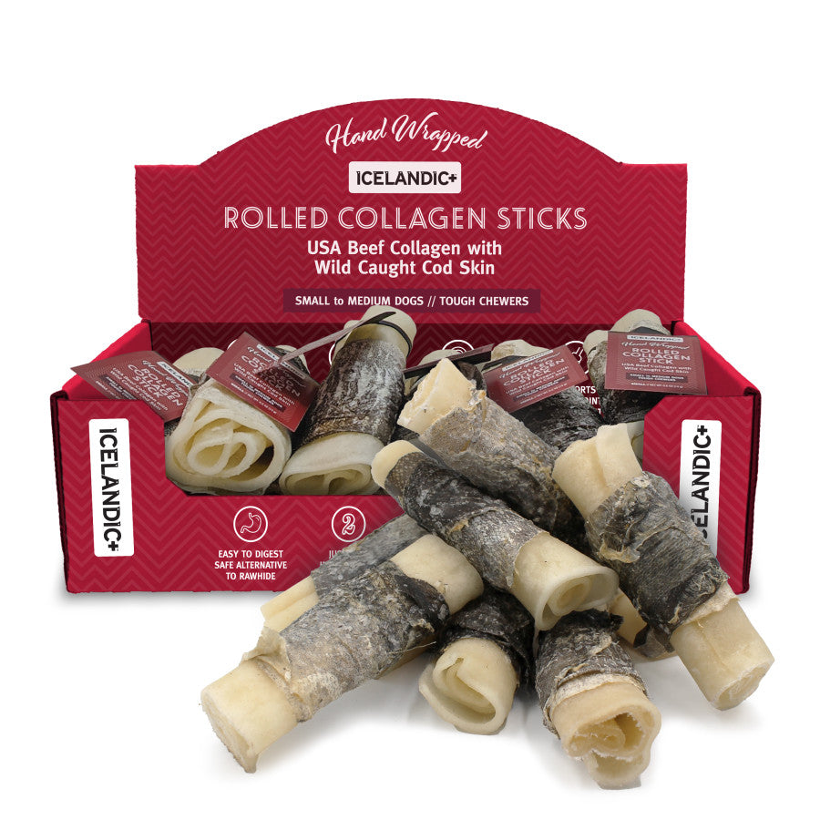 Icelandic+ Beef Rolled Collagen Stick Dog Treat w/Wrapped Fish Display